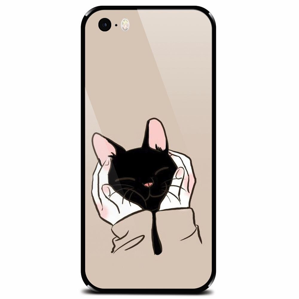 Husa din sticla securizata pentru Apple iPhone 5, Th Black Cat In Hands