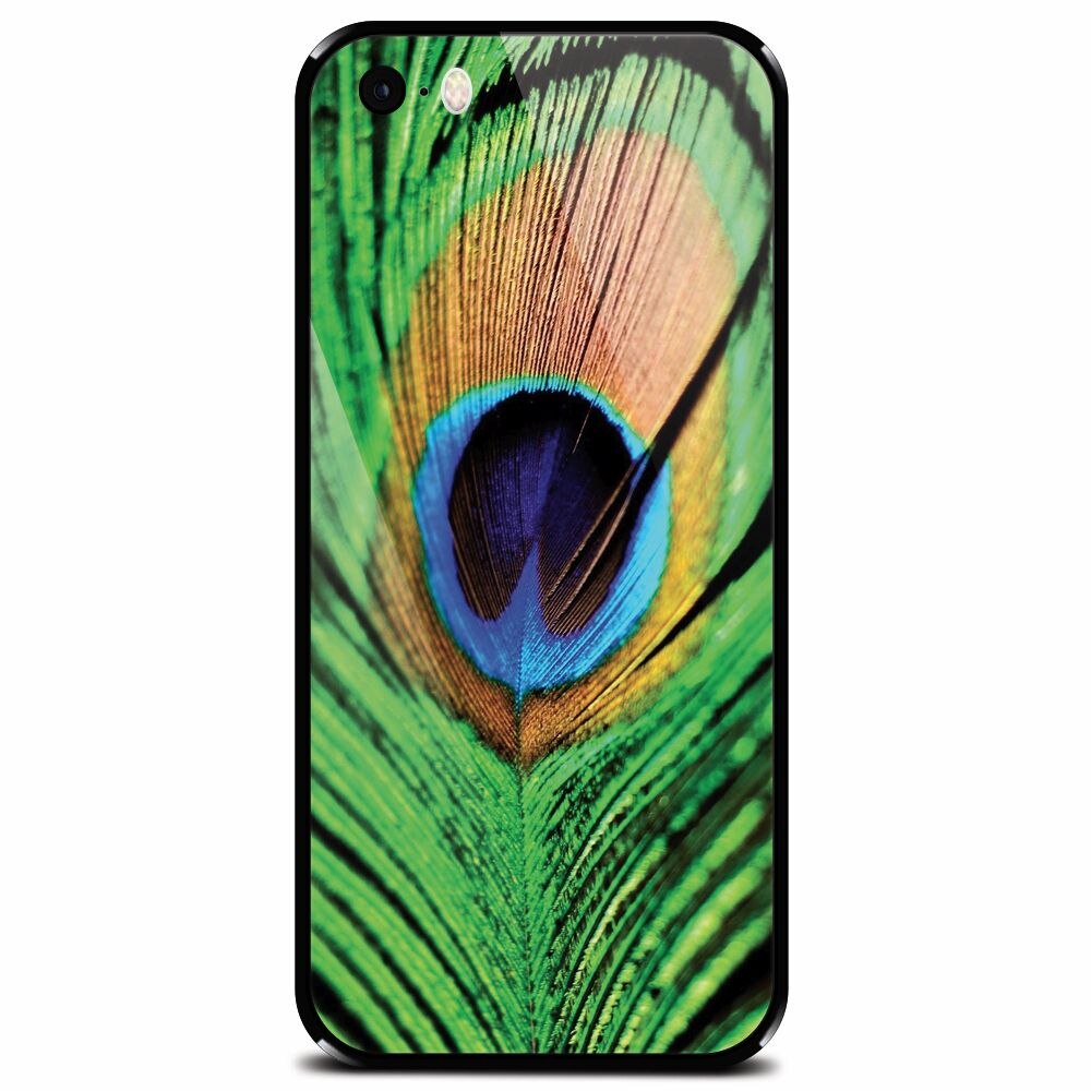 Husa din sticla securizata pentru Apple iPhone 5, Peacock Feather Green Blue