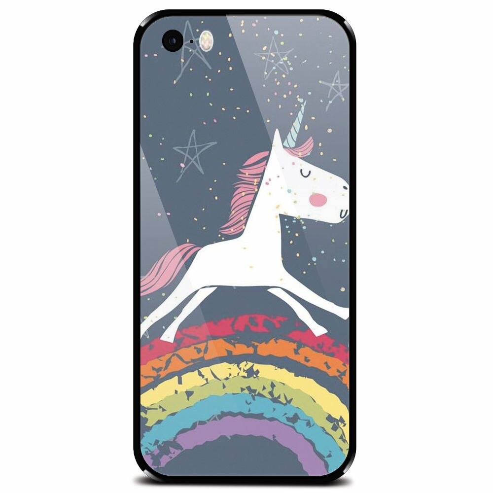 Husa din sticla securizata pentru Apple iPhone 5, Unicorn Rainbow