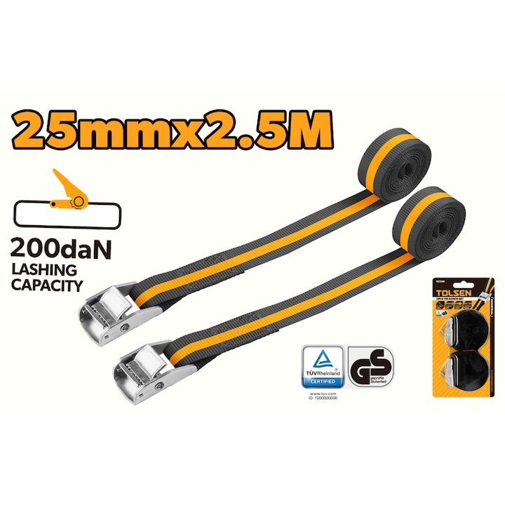 Set 2 benzi cu clichet TOLSEN, 25 mm x 2.5 m, galben/negru, aprobat GS, forta legare 100 daN, clichet zincat, pentru fixare si transport