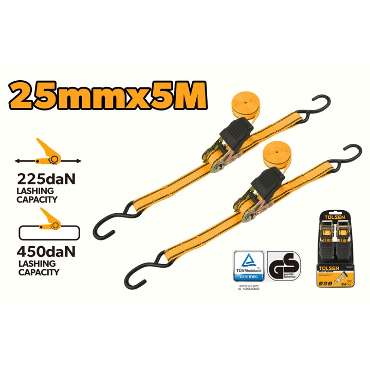 Set 2 benzi cu clichet TOLSEN, 25 mm x 5 m, galben/negru, aprobat GS, forta legare 225 daN, clichet zincat cu maner PVC, pentru fixare profesionala