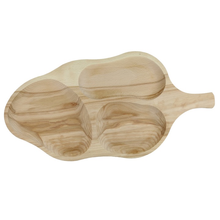 Platou tip Frunza, tava de servire cu 3 compartimente, lemn masiv, rustic, OnemisFlot
