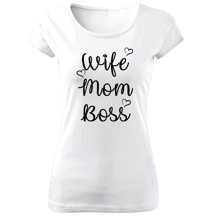 Tricou de dama ALB Wife Mom Boss COD TD059,Marime:XL