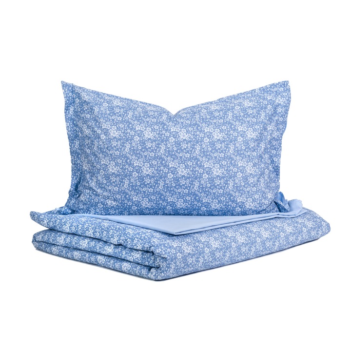 Set lenjerie de pat matrimonial, 100% bumbac ranforce, 4 piese cu doua fete, imprimeu floricele - bleu