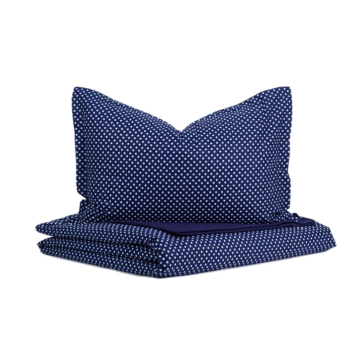 Set lenjerie de pat matrimonial, 100% bumbac ranforce, 4 piese cu doua fete, imprimeu buline - bleumarin