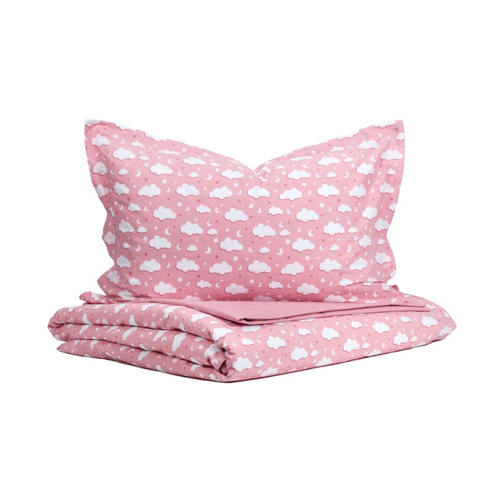 Set lenjerie de pat matrimonial, 100% bumbac ranforce, 4 piese cu doua fete, imprimeu norisori - roz