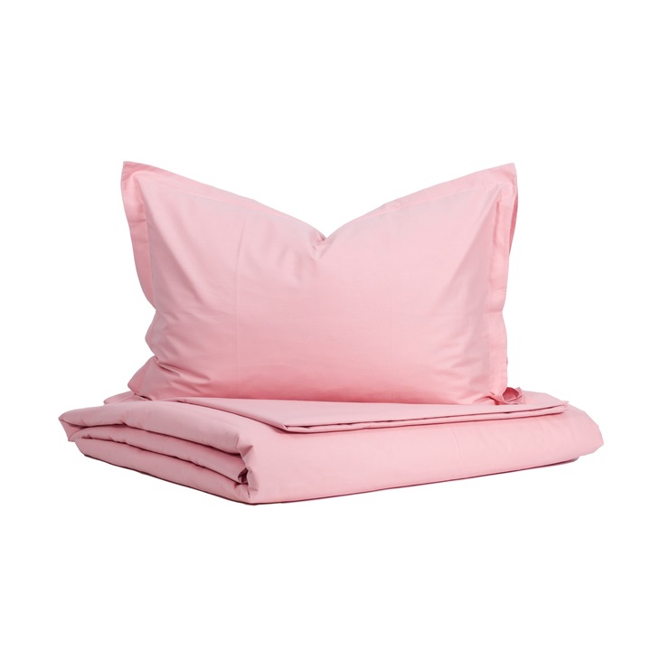 Set lenjerie pat matrimonial, 100% bumbac ranforce, 4 piese, roz pudra uni