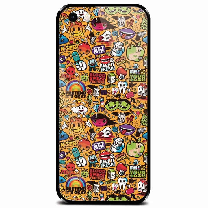 Edzett üvegtok Apple iPhone 5 telefonhoz, színes matrica illusztrációkkal