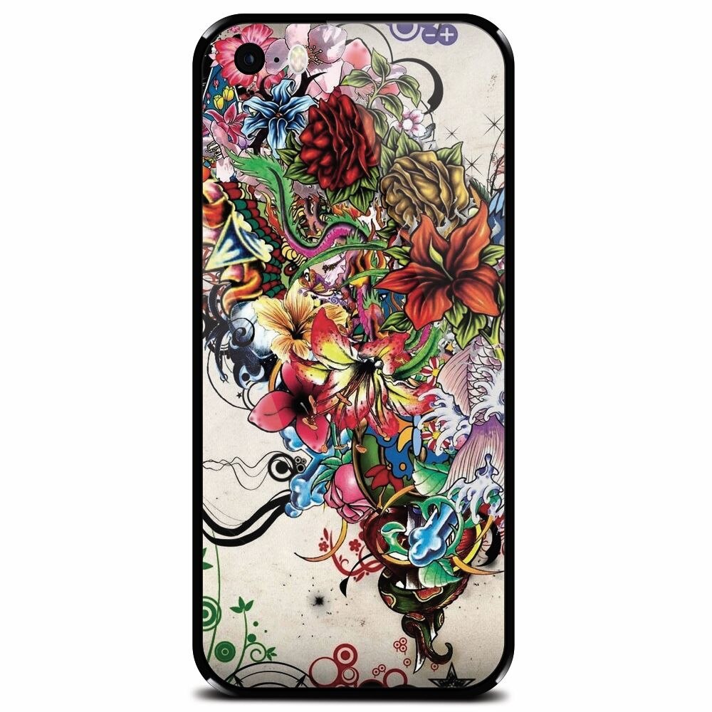 Husa din sticla securizata pentru Apple iPhone 5, Abstract Flowers Tattoo Illustration