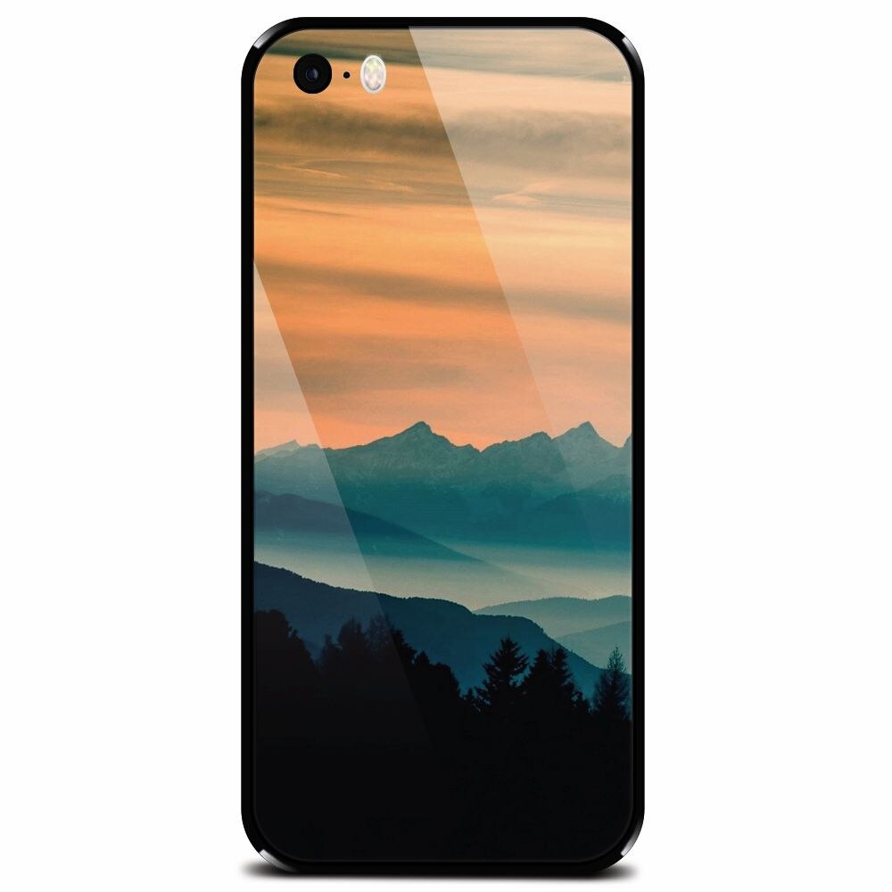 Husa din sticla securizata pentru Apple iPhone 5, Blue Mountains Orange Clouds Sunset Landscape