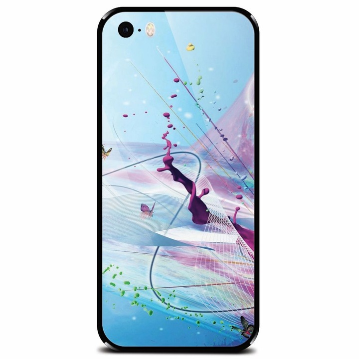Edzett üvegtok Apple iPhone 5-höz, Artistic Paint Splash Purple Butterflies