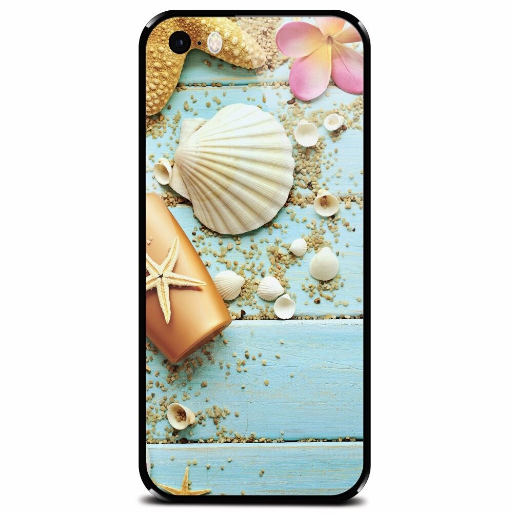 Husa din sticla securizata pentru Apple iPhone 5, Blue Wood Seashells Sea Star