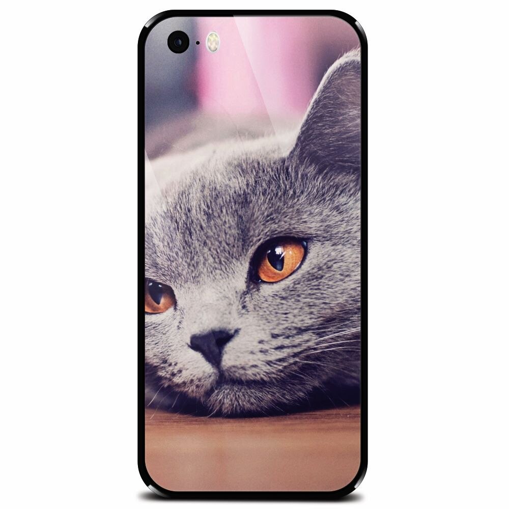 Husa din sticla securizata pentru Apple iPhone 5, British Shorthair Cat Yellow Eyes Portrait