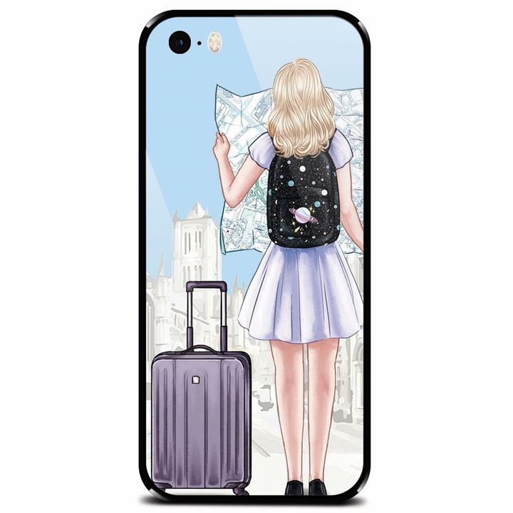 Edzett üvegtok Apple iPhone 5-höz, Travel Girl Keres a térképen