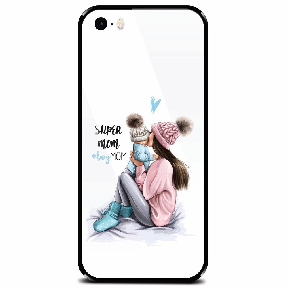 Husa din sticla securizata pentru Apple iPhone 5, Super Mom With Boy
