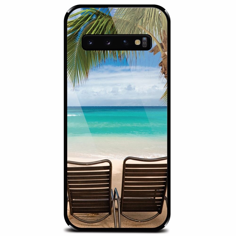 Husa din sticla securizata pentru Samsung Galaxy S10, Beach Chairs Palm Tree Seaside