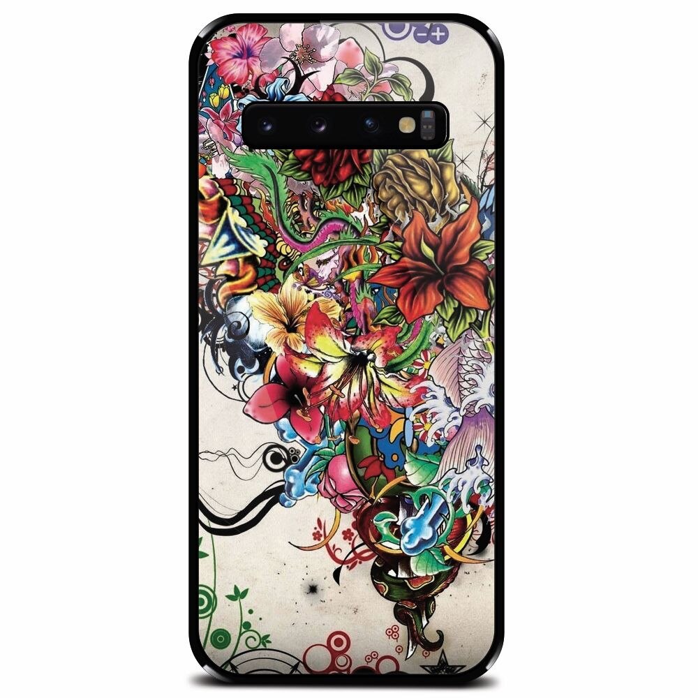 Husa din sticla securizata pentru Samsung Galaxy S10 Plus, Abstract Flowers Tattoo Illustration