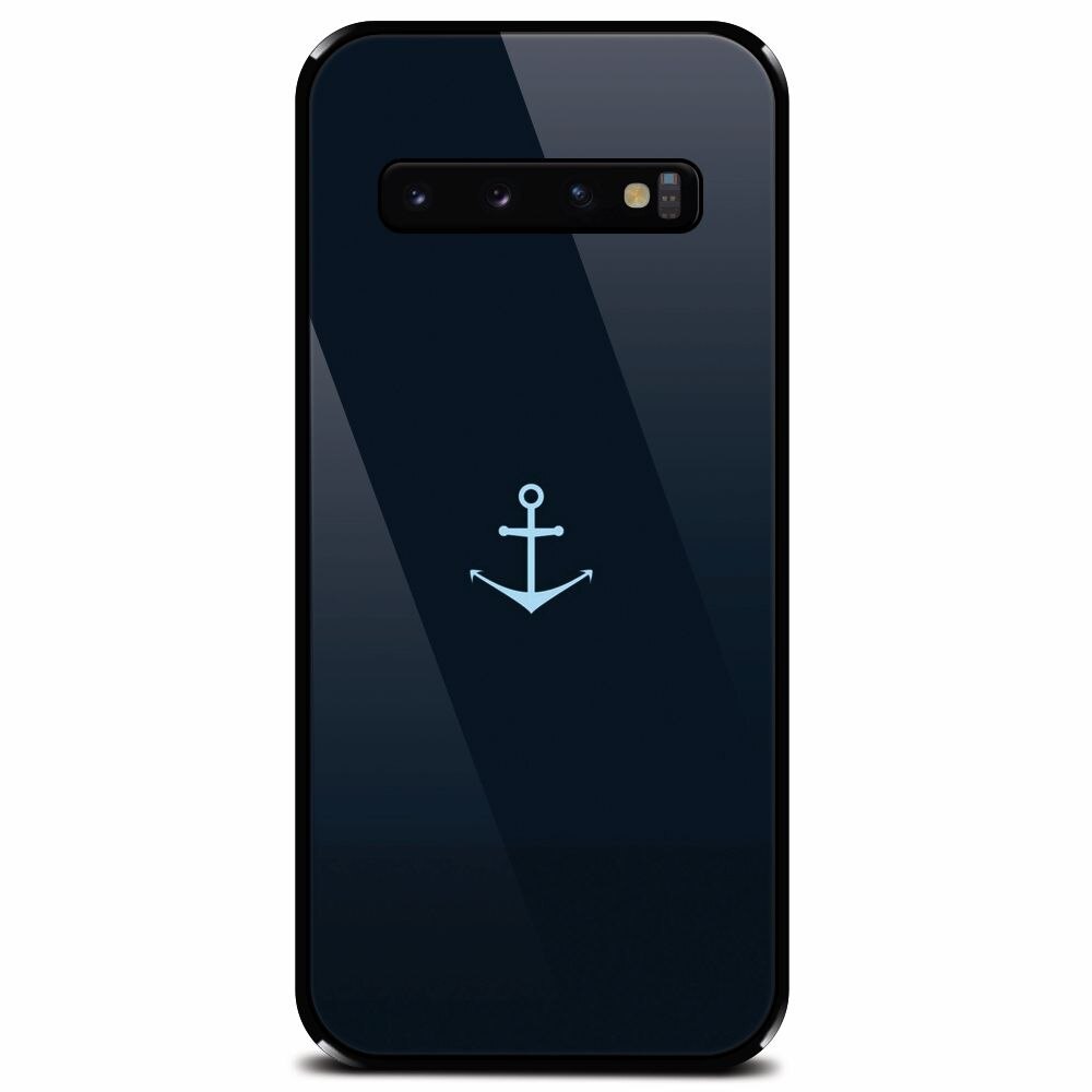 Husa din sticla securizata pentru Samsung Galaxy S10, Blue Navy Anchor Illustration Flat
