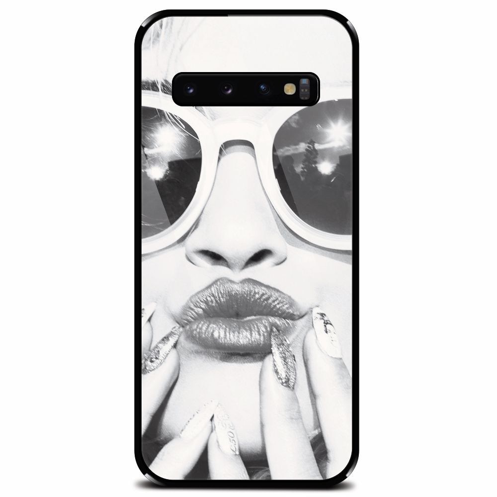 Husa din sticla securizata pentru Samsung Galaxy S10 Plus, Black And White Portrait Blonde Model In Fashion Sunglasses