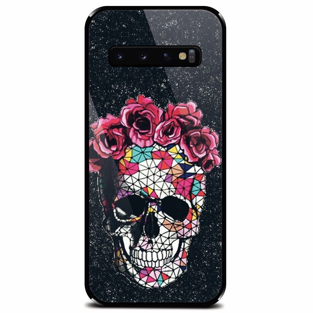Husa din sticla securizata pentru Samsung Galaxy S10, Colorful Skull Roses Space