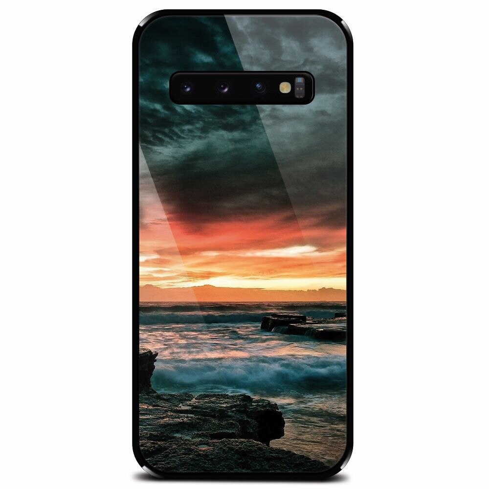 Husa din sticla securizata pentru Samsung Galaxy S10, Dramatic Rocky Beach Shore Sunset