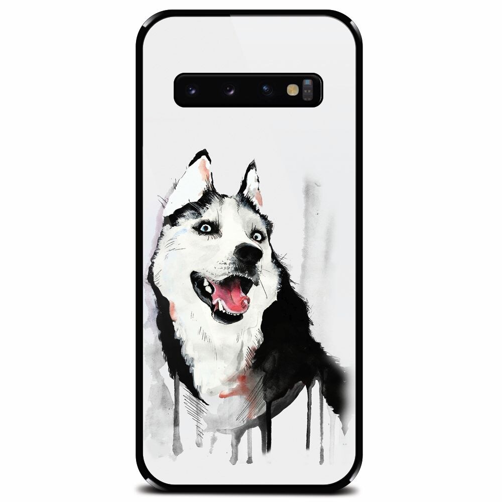 Husa din sticla securizata pentru Samsung Galaxy S10, Husky Dog Watercolor Illustration