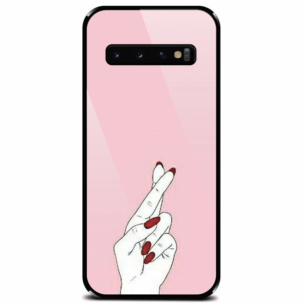 Husa din sticla securizata pentru Samsung Galaxy S10, Pink Finger Cross