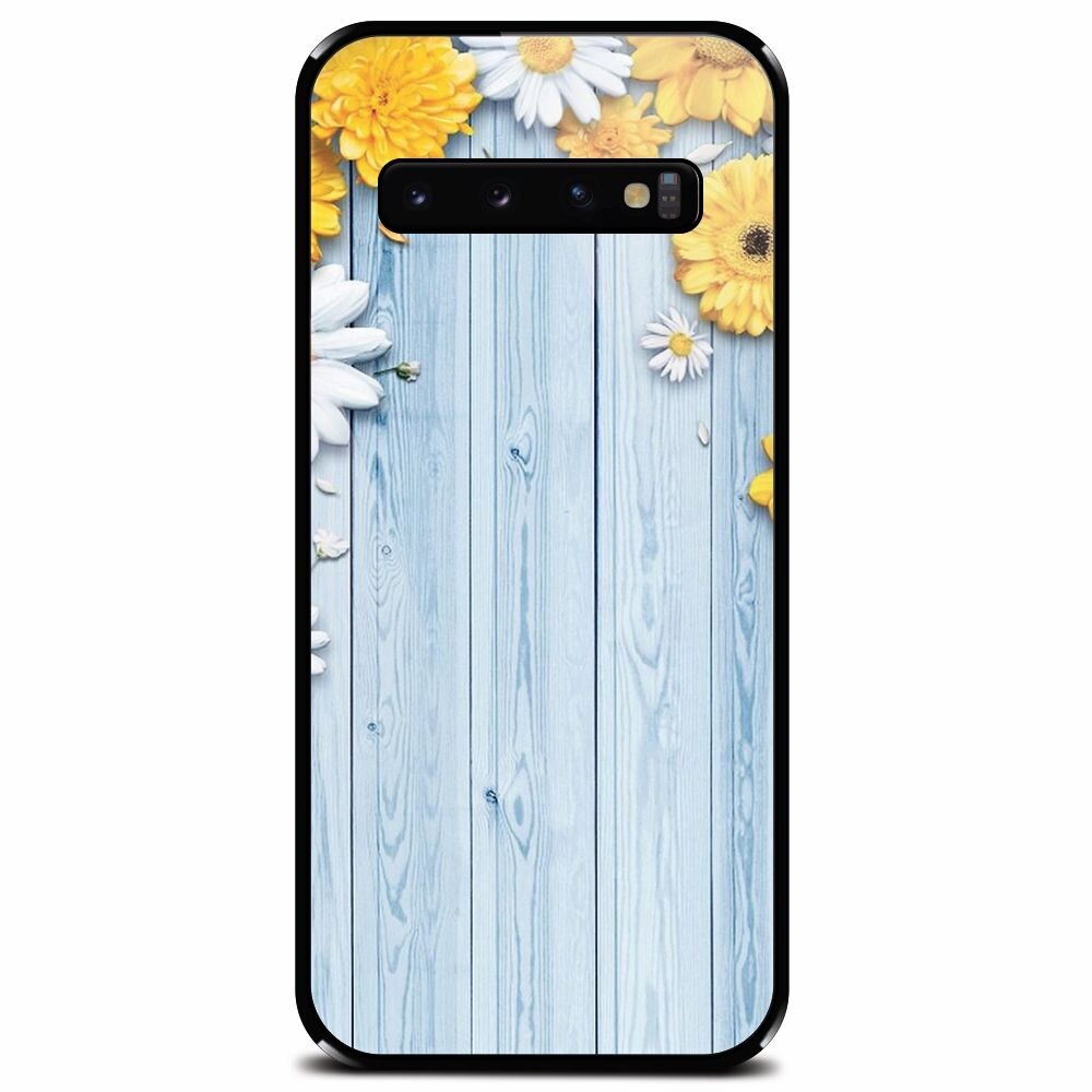 Husa din sticla securizata pentru Samsung Galaxy S10 Plus, Sunflower On Blue Wood