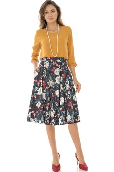 Fusta midi, ROH, negru cu imprimeu multicolor, 36 Fusta midi, ROH, negru cu imprimeu multicolor, 36
