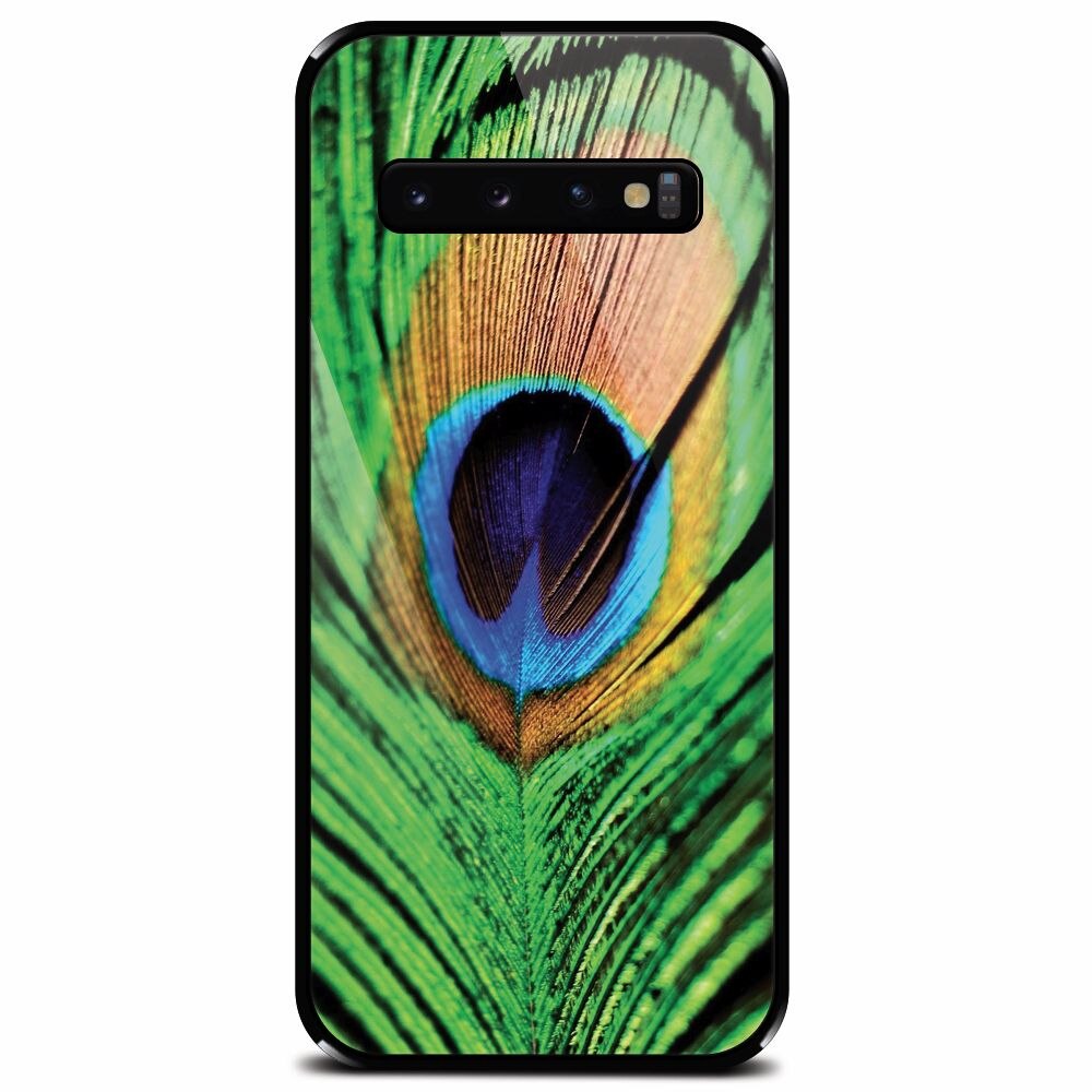 Husa din sticla securizata pentru Samsung Galaxy S10 Plus, Peacock Feather Green Blue