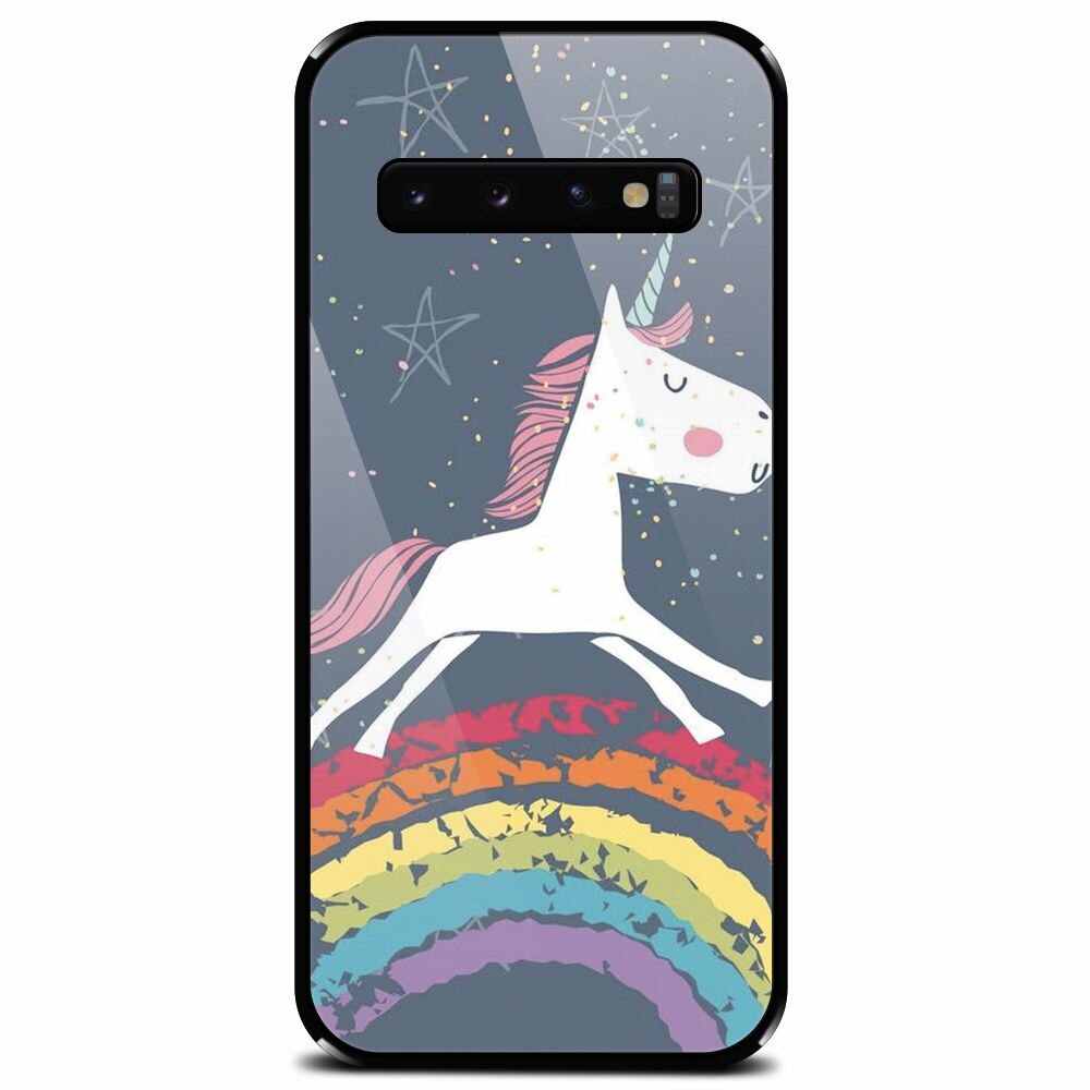 Husa din sticla securizata pentru Samsung Galaxy S10, Unicorn Rainbow