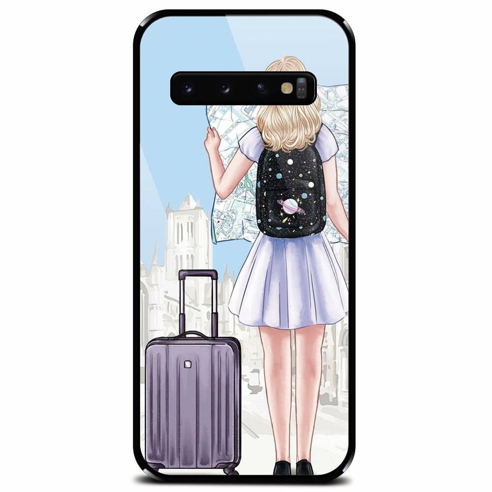 Husa din sticla securizata pentru Samsung Galaxy S10, Travel Girl Searching On Map
