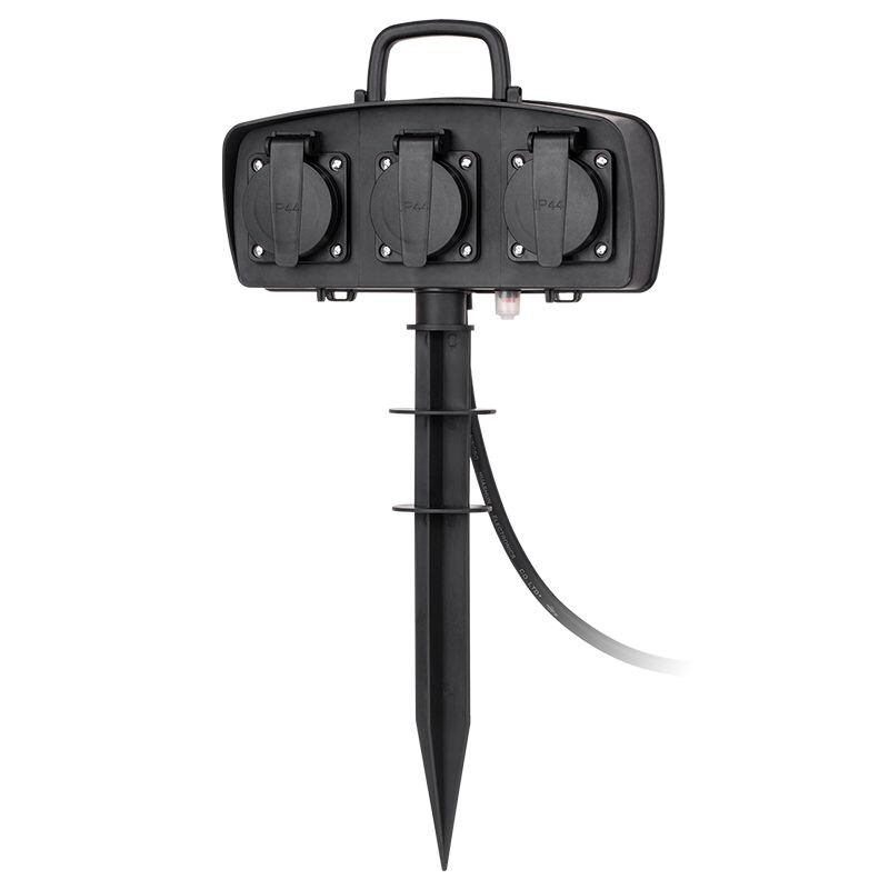 Prelungitor pe picior pentru gradina, cu capac, 3 prize, se poate utiliza in exterior, IP 44, 1.5M, 3680W, 16A, Negru