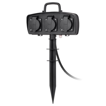 Prelungitor pe picior pentru gradina, cu capac, 3 prize, se poate utiliza in exterior, IP 44, 1.5M, 3680W, 16A, Negru Prelungitor pe picior pentru gradina, cu capac, 3 prize, se poate utiliza in exterior, IP 44, 1.5M, 3680W, 16A, Negru