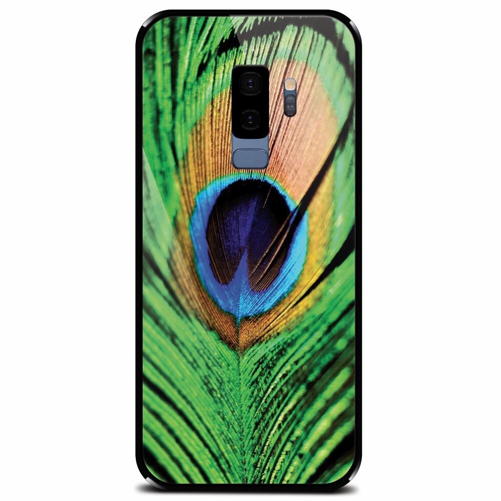 Husa din sticla securizata pentru Samsung Galaxy S9 Plus, Peacock Feather Green Blue