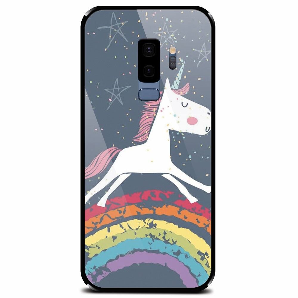 Husa din sticla securizata pentru Samsung Galaxy S9 Plus, Unicorn Rainbow