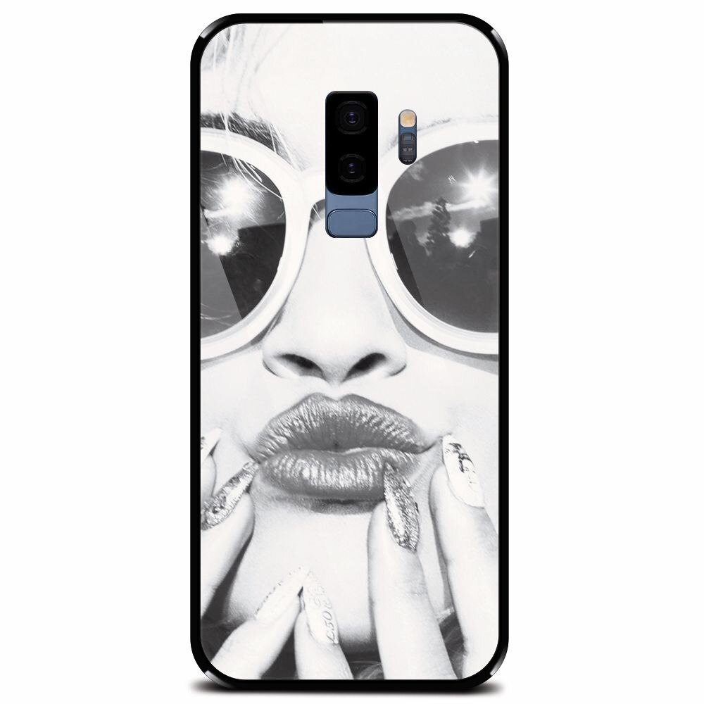 Husa din sticla securizata pentru Samsung Galaxy S9 Plus, Black And White Portrait Blonde Model In Fashion Sunglasses