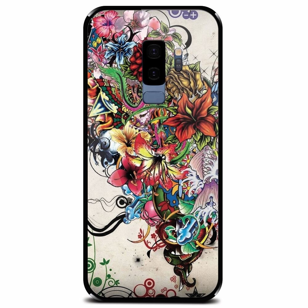 Husa din sticla securizata pentru Samsung Galaxy S9 Plus, Abstract Flowers Tattoo Illustration