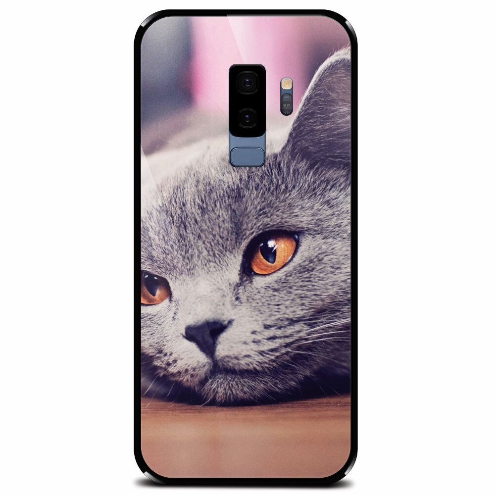 Husa din sticla securizata pentru Samsung Galaxy S9 Plus, British Shorthair Cat Yellow Eyes Portrait