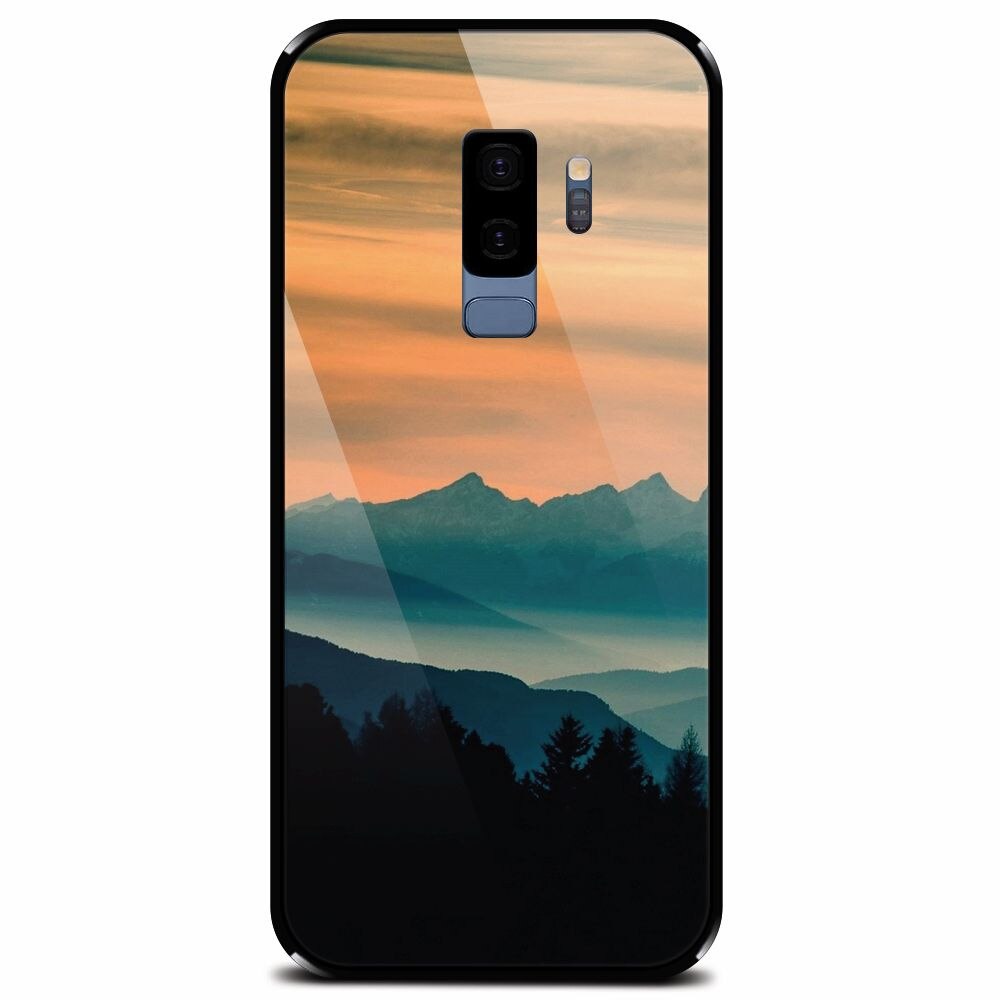 Husa din sticla securizata pentru Samsung Galaxy S9 Plus, Blue Mountains Orange Clouds Sunset Landscape