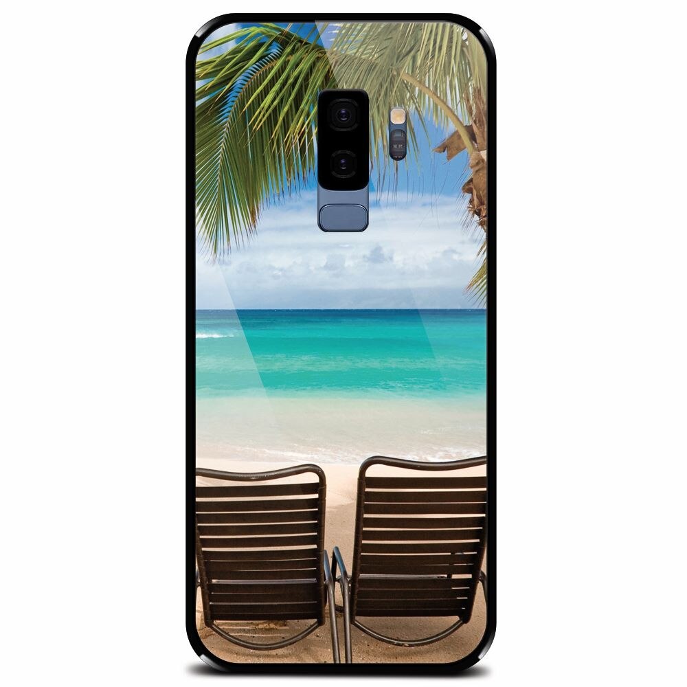 Husa din sticla securizata pentru Samsung Galaxy S9 Plus, Beach Chairs Palm Tree Seaside