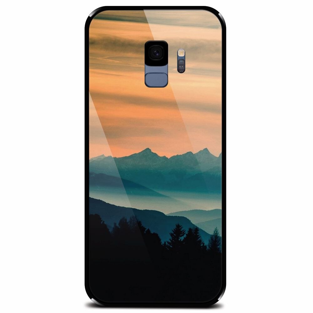 Husa din sticla securizata pentru Samsung Galaxy S9, Blue Mountains Orange Clouds Sunset Landscape