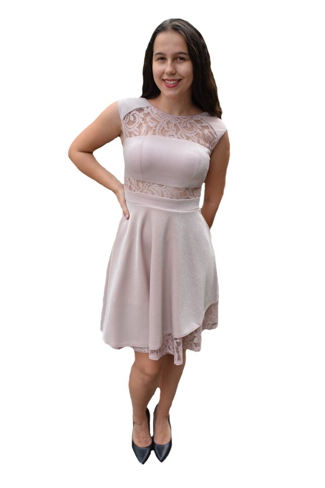 Rochie eleganta Lotte cu dantela si sclipici,D&J Exclussive, pudra