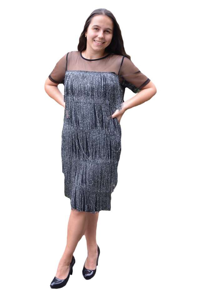 Rochie eleganta Fenna cu franjuri ,D&J Exclussive, Argintiu
