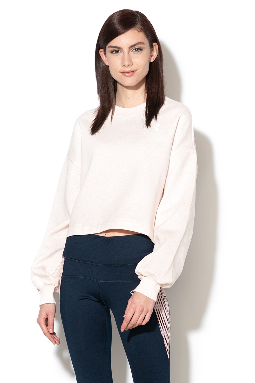 Under Armour, Bluza sport crop lejera, pentru fitness, Roz pastel/Alb pafuit