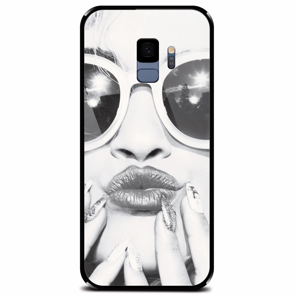 Husa din sticla securizata pentru Samsung Galaxy S9, Black And White Portrait Blonde Model In Fashion Sunglasses
