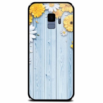 Husa din sticla securizata pentru Samsung Galaxy S9, Sunflower On Blue Wood Husa din sticla securizata pentru Samsung Galaxy S9, Sunflower On Blue Wood