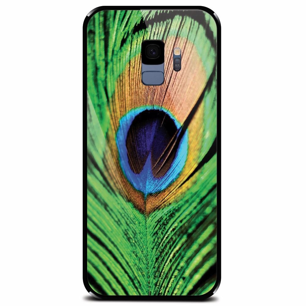 Husa din sticla securizata pentru Samsung Galaxy S9, Peacock Feather Green Blue