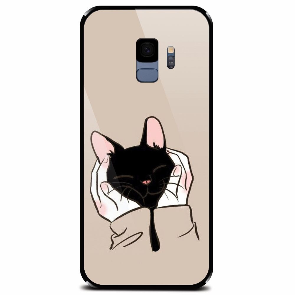 Husa din sticla securizata pentru Samsung Galaxy S9, Th Black Cat In Hands