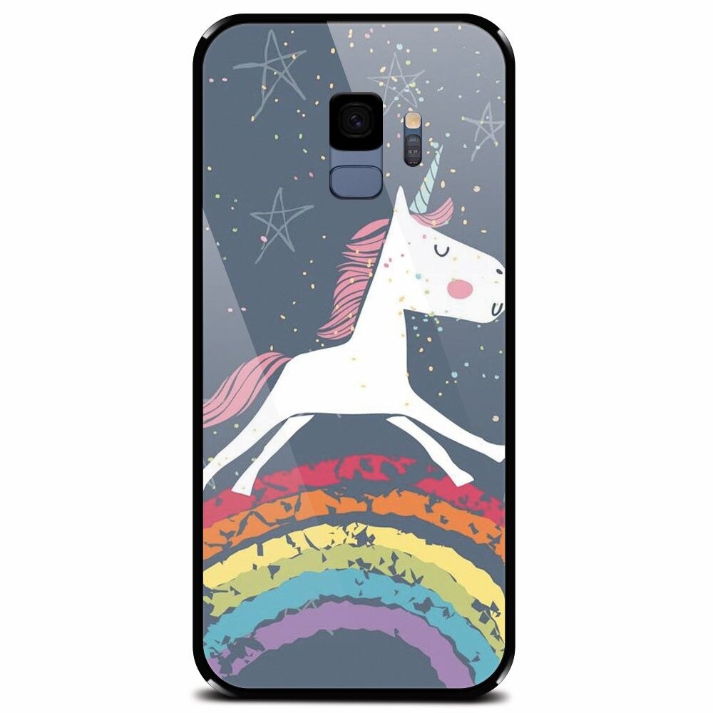 Husa din sticla securizata pentru Samsung Galaxy S9, Unicorn Rainbow